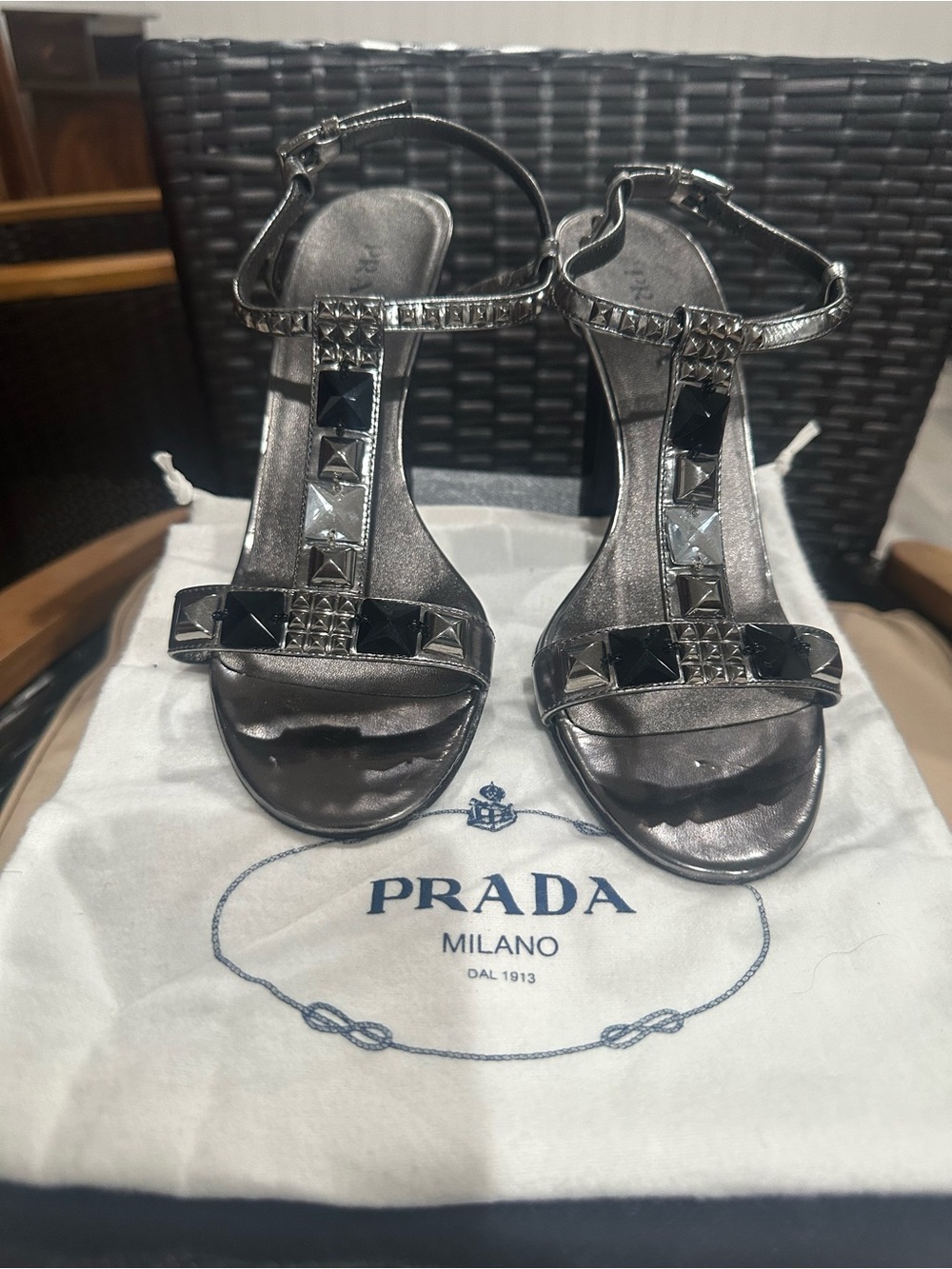 Prada Metallic Pewter T-Strap Jeweled studded Sandals